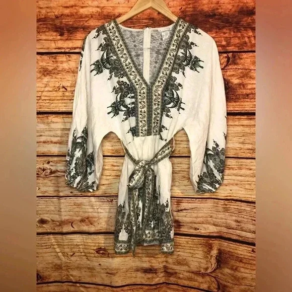 NWOT Venus White Multi Paisley Linen Blend Blouson Slv Romper - Picture 5 of 16